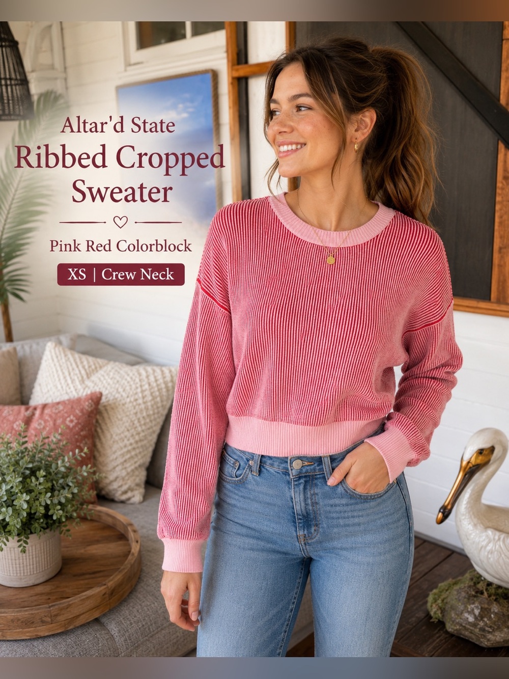 Altar’d State Ribbed Cropped Sweater Pink Red Colorblock XS crew neck